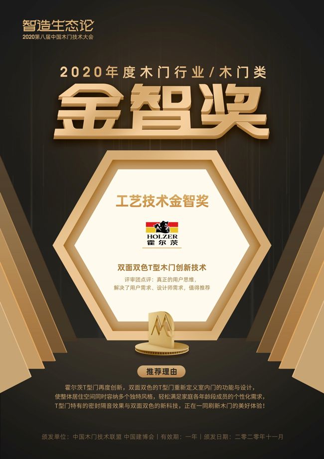 霍尔茨双面T型门荣获2020年度“金智奖”